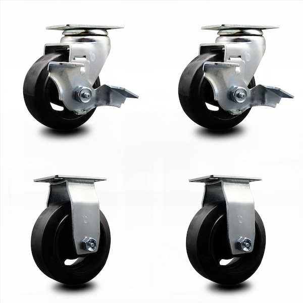 4 Inch Rubber on Cast Iron Caster Set with Ball Bearings 2 Brakes 2 Rigid